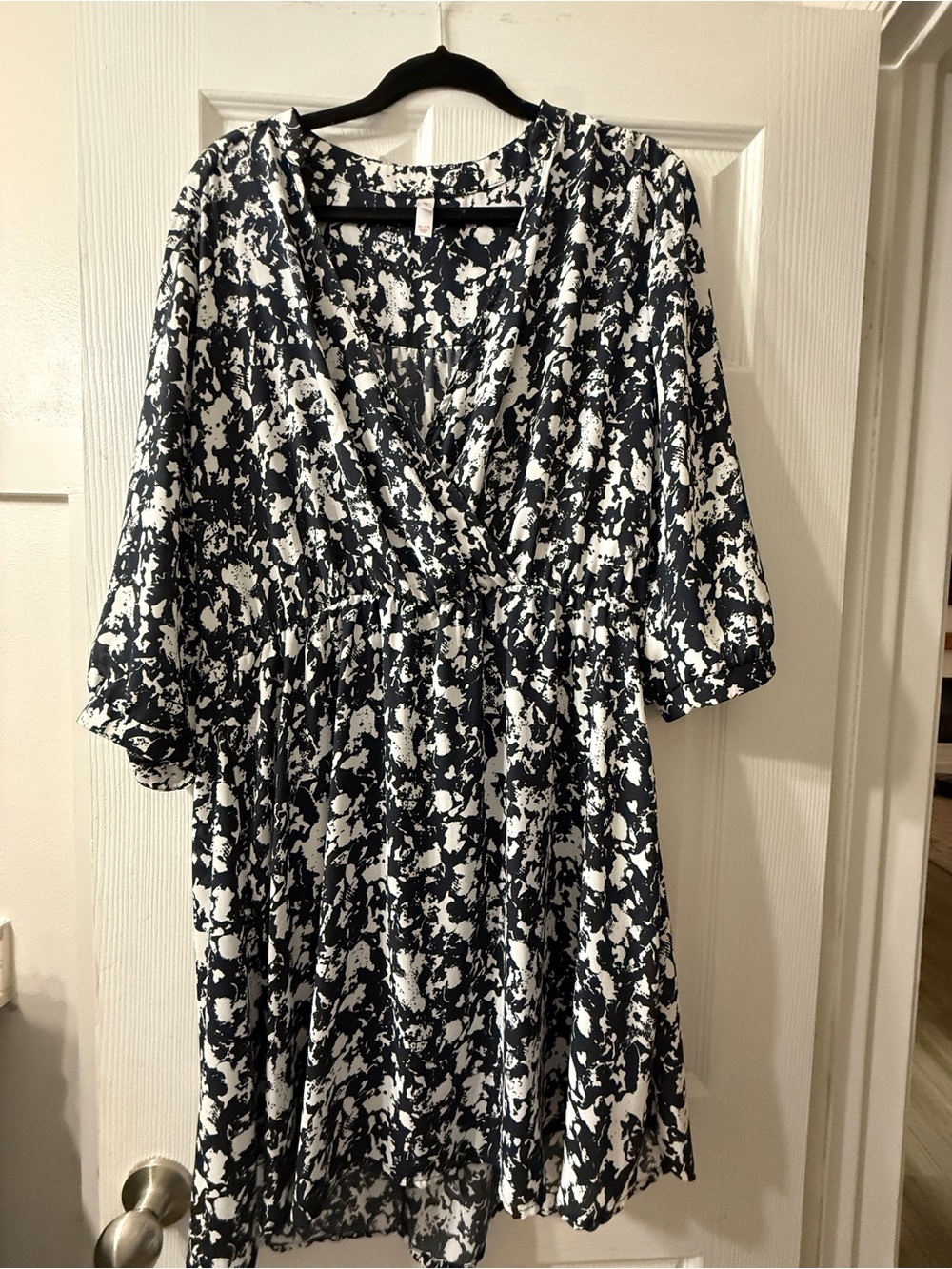 Women's Navy and White Printed V-Neck Dress